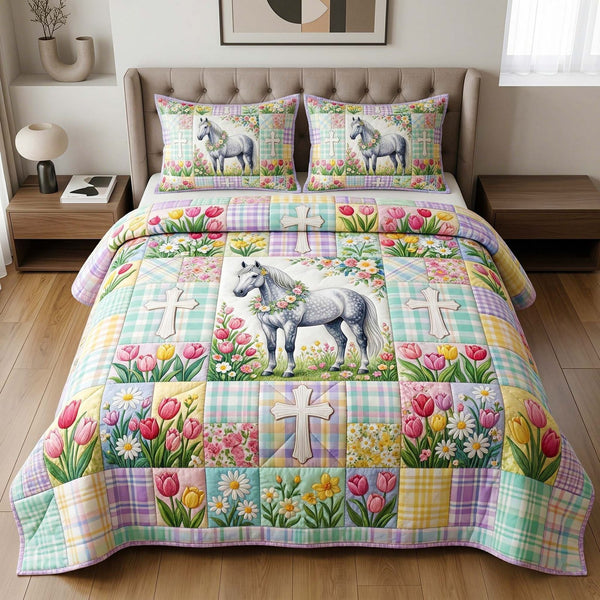 Spring Tulip quilted 3-piece bedding set on a made bed with two matching pillow shams