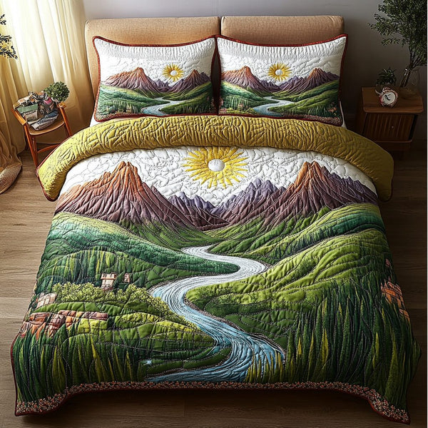 Spring View quilted 3-piece bedding set on a made bed with two matching pillow shams