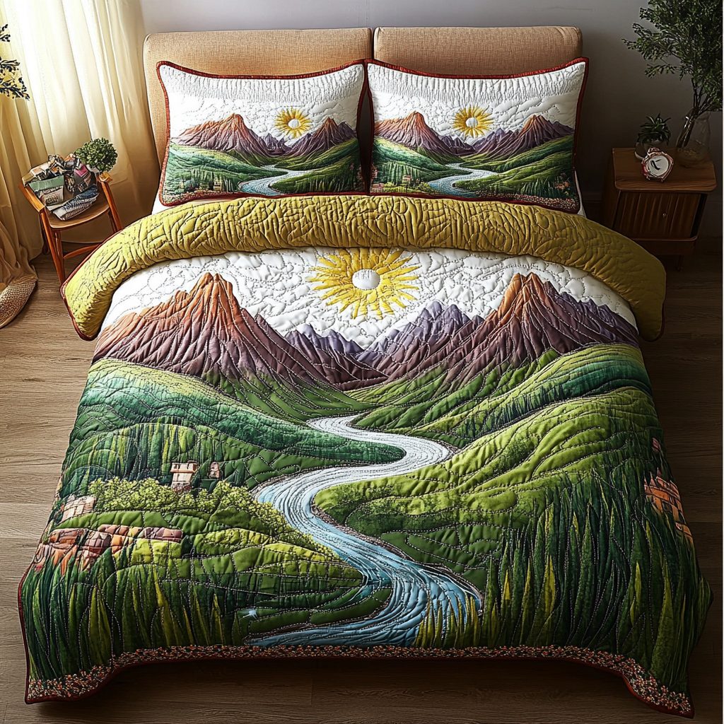 Spring View quilted 3-piece bedding set on a made bed with two matching pillow shams
