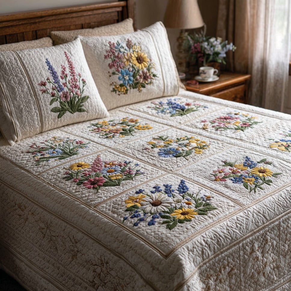 Springflower Meadow quilted 3-piece bedding set on a made bed with two matching pillow shams
