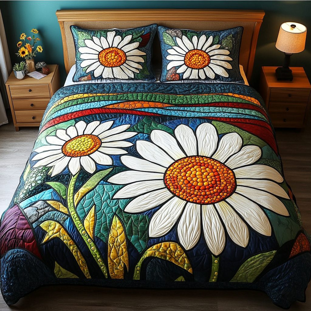 Springtime Blooms quilted 3-piece bedding set on a made bed with two matching pillow shams