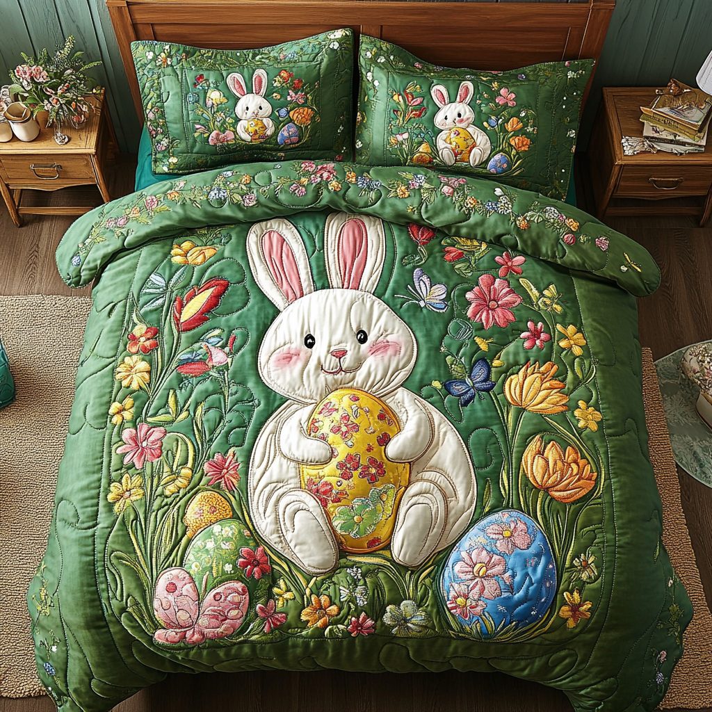 Springtime Bunnies quilted 3-piece bedding set on a made bed with two matching pillow shams