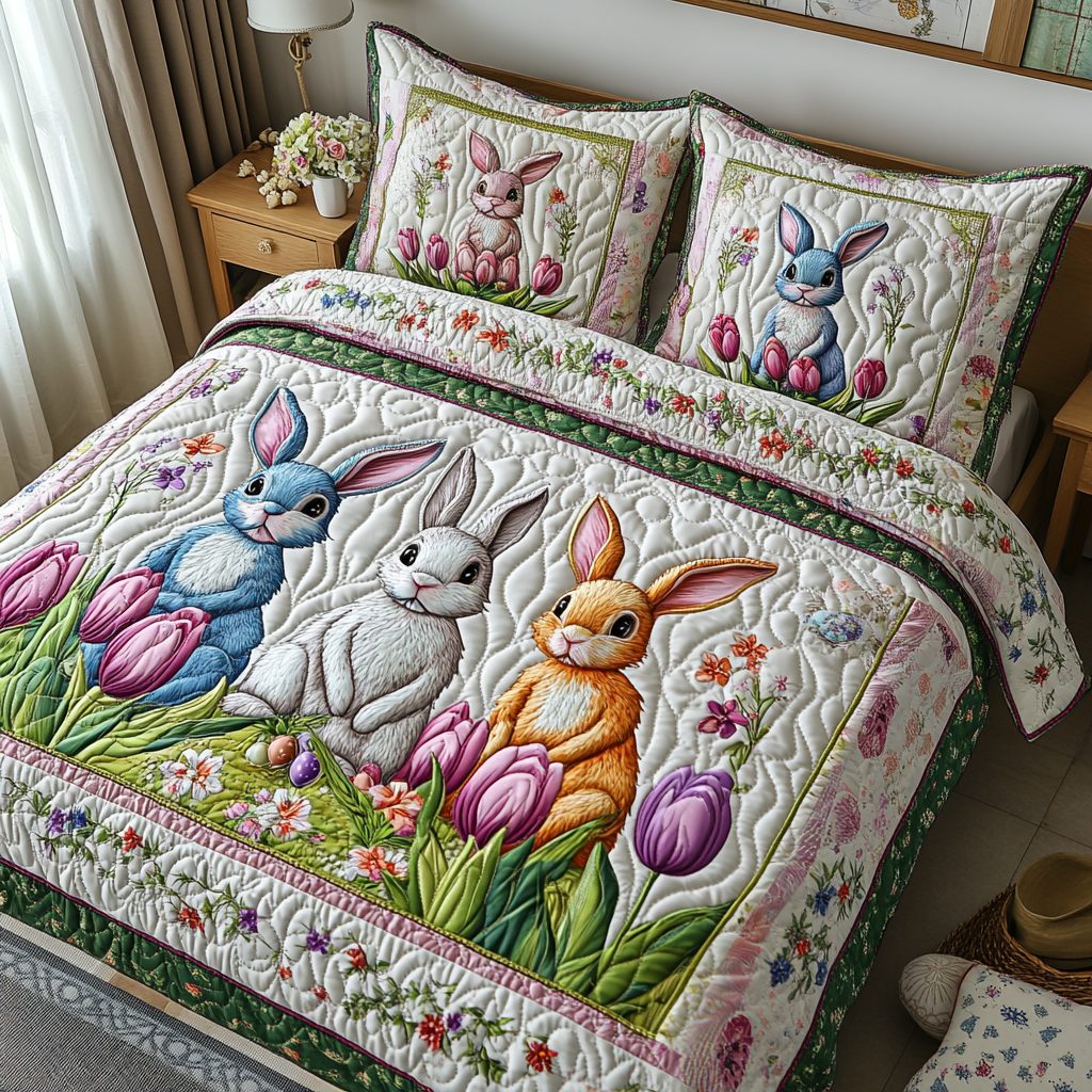 Springtime Friend quilted 3-piece bedding set on a made bed with two matching pillow shams