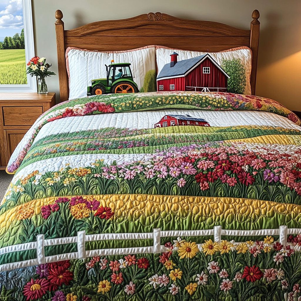 Springtime on the Farm quilted 3-piece bedding set on a made bed with two matching pillow shams