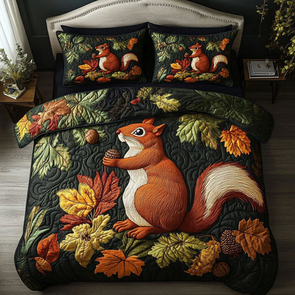 Squirrel and Oak quilted 3-piece bedding set on a made bed with two matching pillow shams