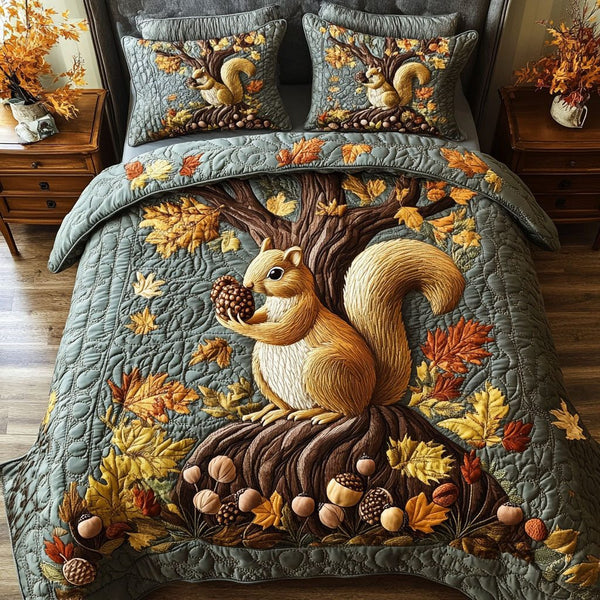 Squirrel Harvest quilted 3-piece bedding set on a made bed with two matching pillow shams