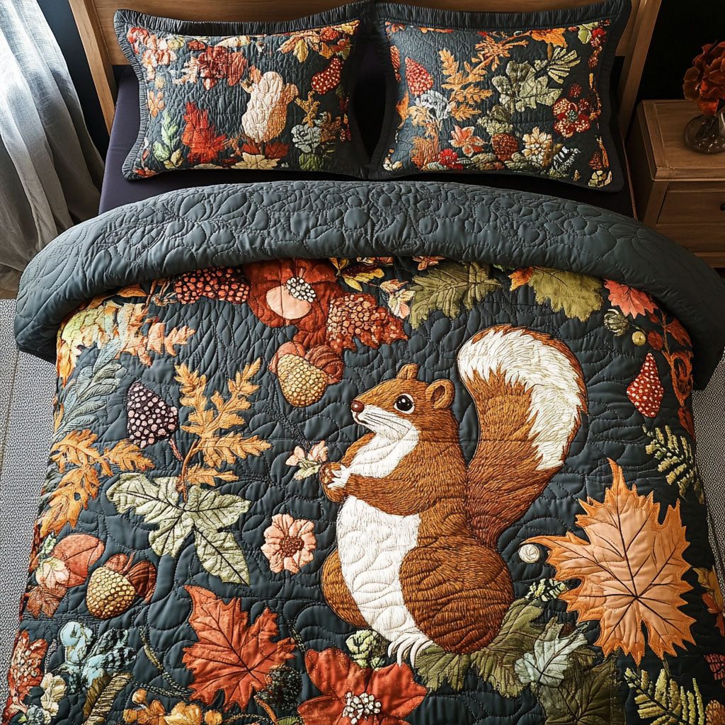 Squirrel in the Leaves quilted 3-piece bedding set on a made bed with two matching pillow shams