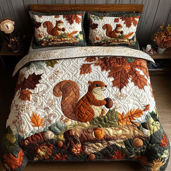 Squirrel on the Hunt quilted 3-piece bedding set on a made bed with two matching pillow shams