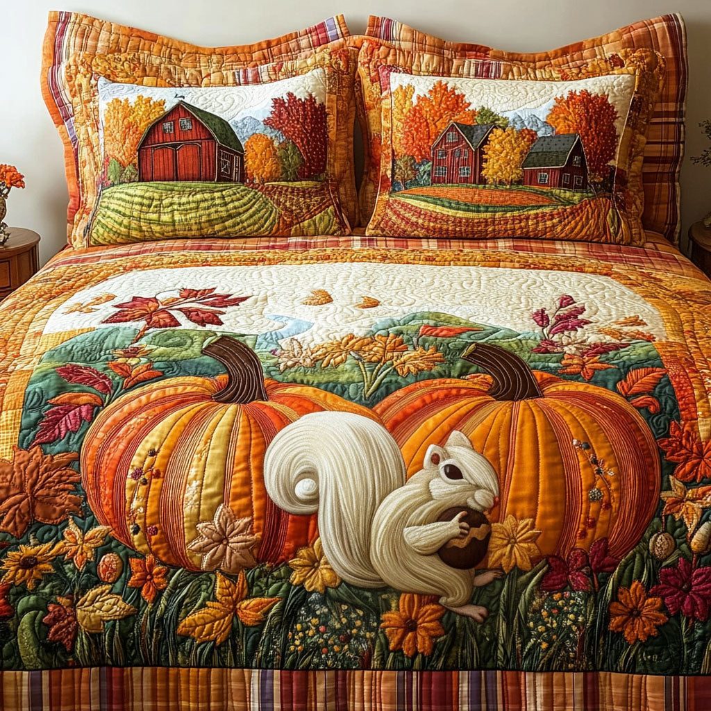 Squirrels Harvest quilted 3-piece bedding set on a made bed with two matching pillow shams