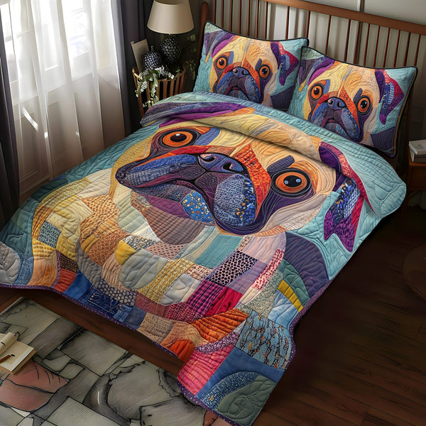 Squishy Pug Love quilted 3-piece bedding set on a made bed with two matching pillow shams