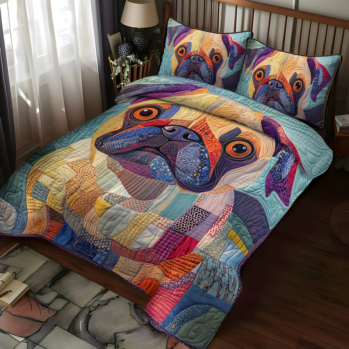 Squishy Pug Love quilted 3-piece bedding set on a made bed with two matching pillow shams
