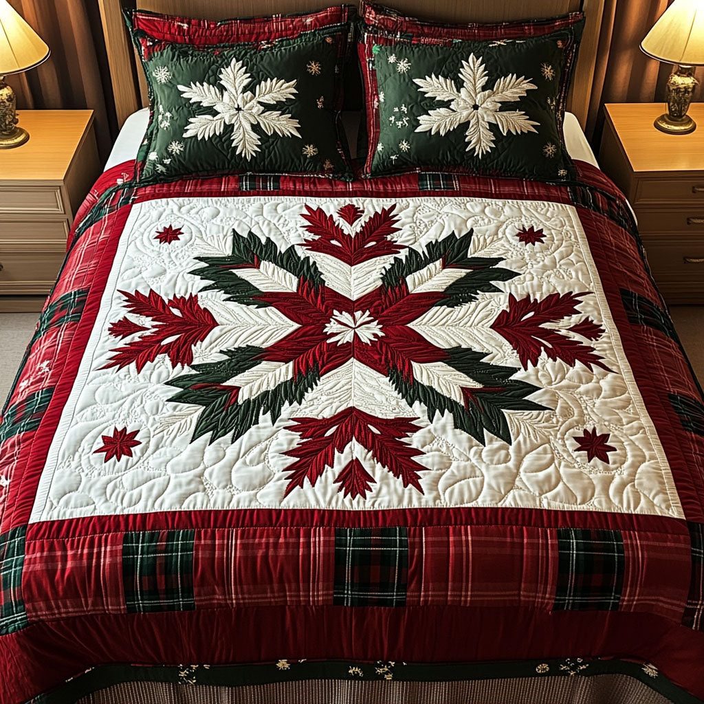 St Nicks Road Trip quilted 3-piece bedding set on a made bed with two matching pillow shams