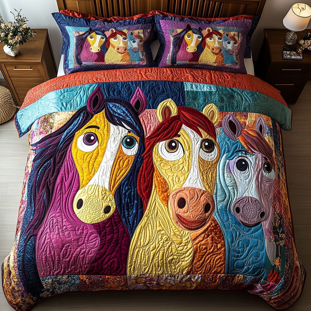 Stable Shenanigans quilted 3-piece bedding set on a made bed with two matching pillow shams