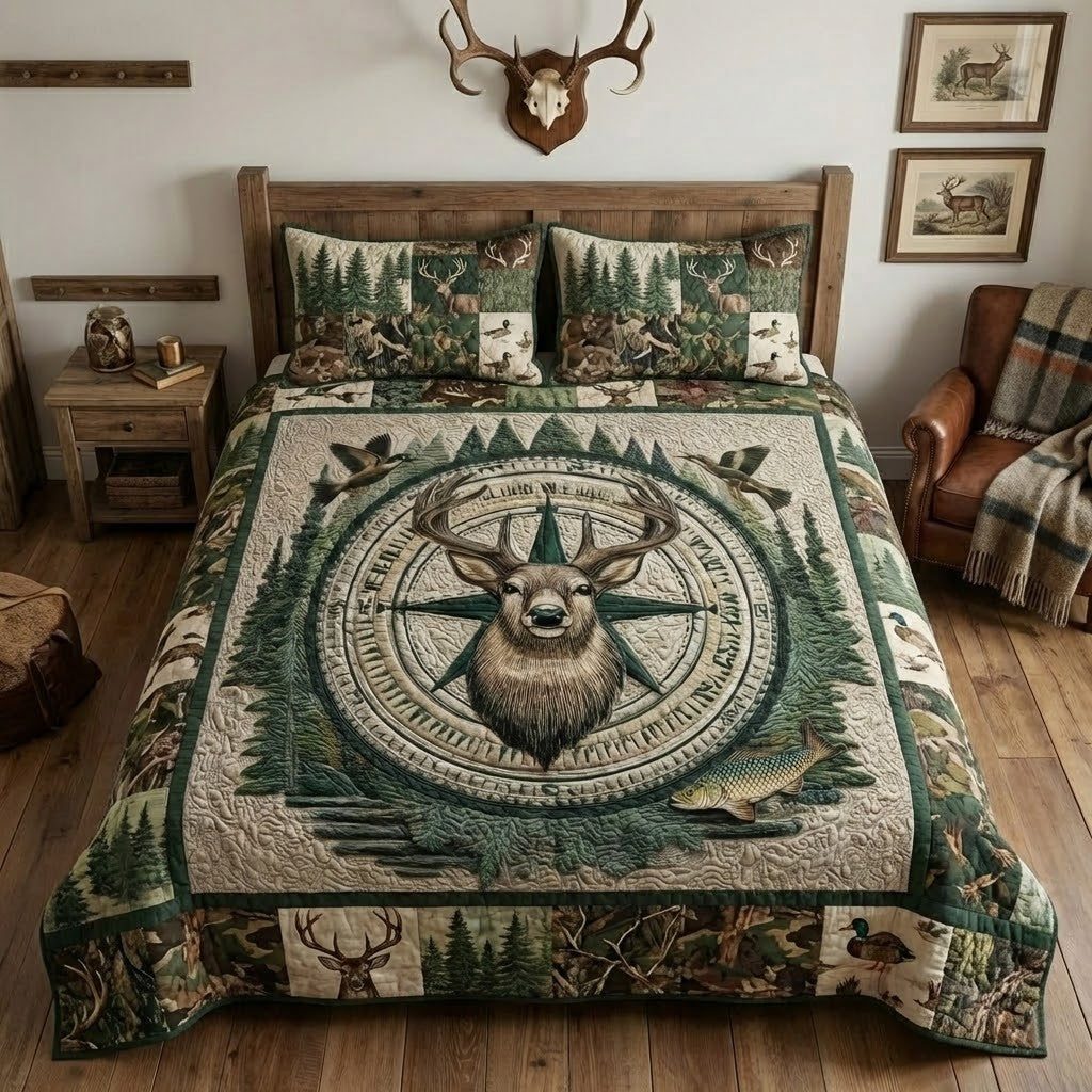 Stag Compass quilted 3-piece bedding set on a made bed with two matching pillow shams