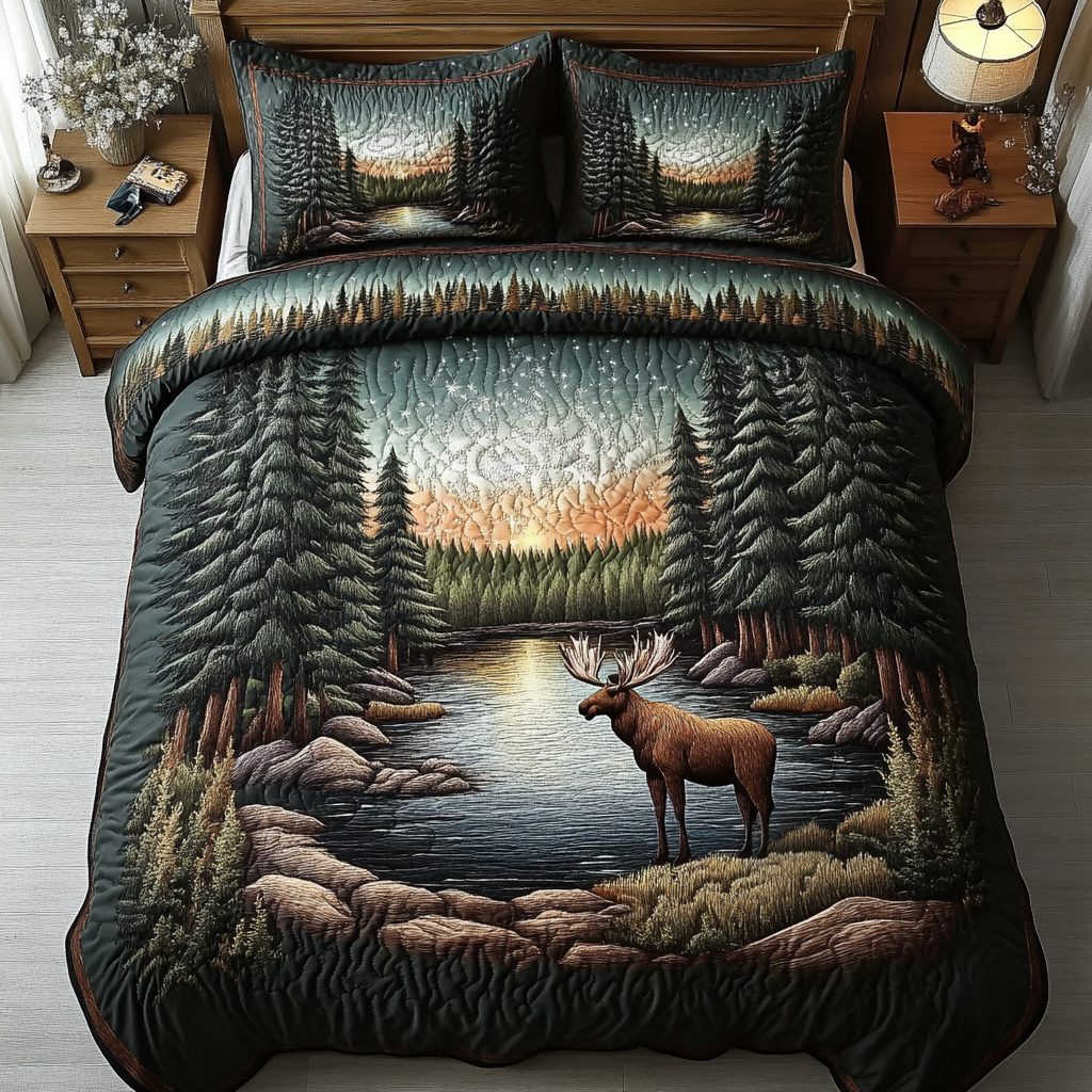Stag Elegance quilted 3-piece bedding set on a made bed with two matching pillow shams