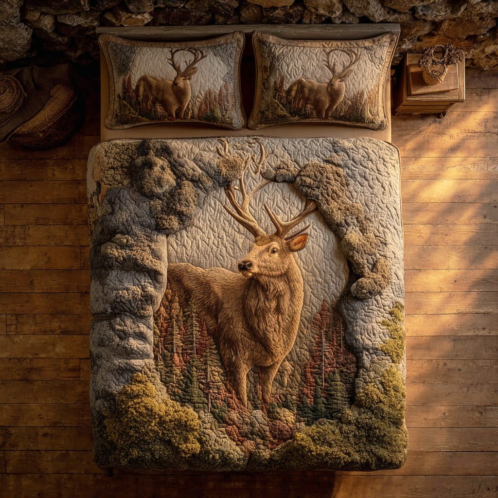 Stag Hollow quilted 3-piece bedding set on a made bed with two matching pillow shams