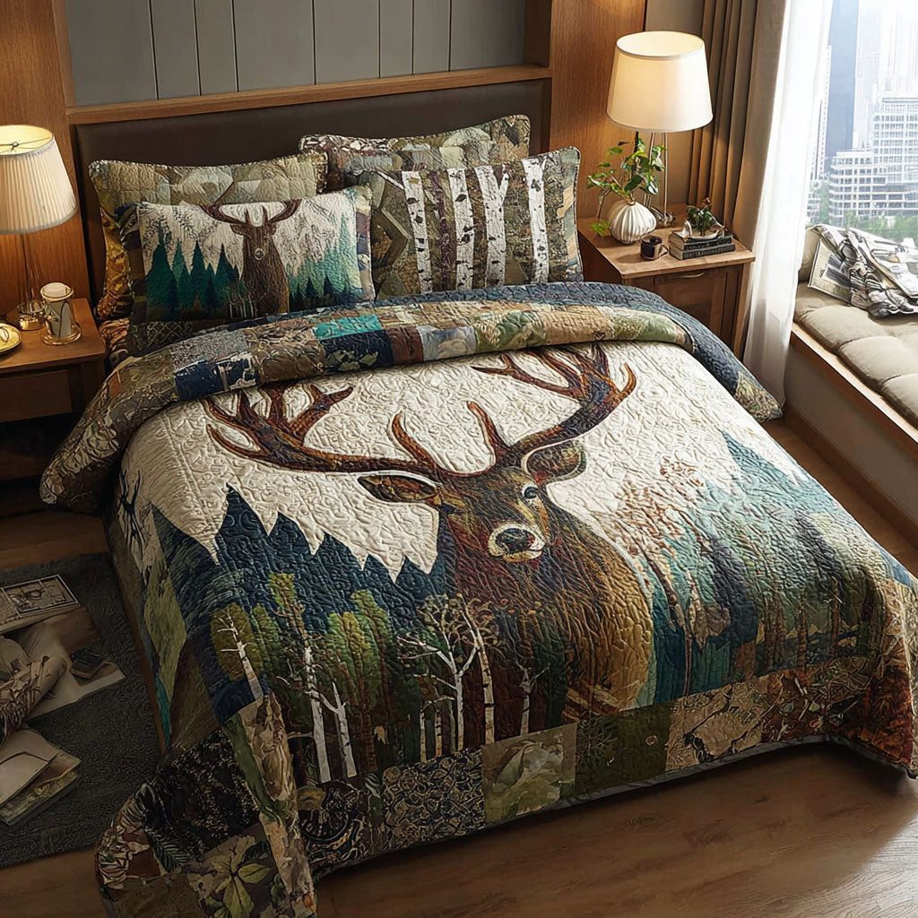 Stag Quest quilted 3-piece bedding set on a made bed with two matching pillow shams