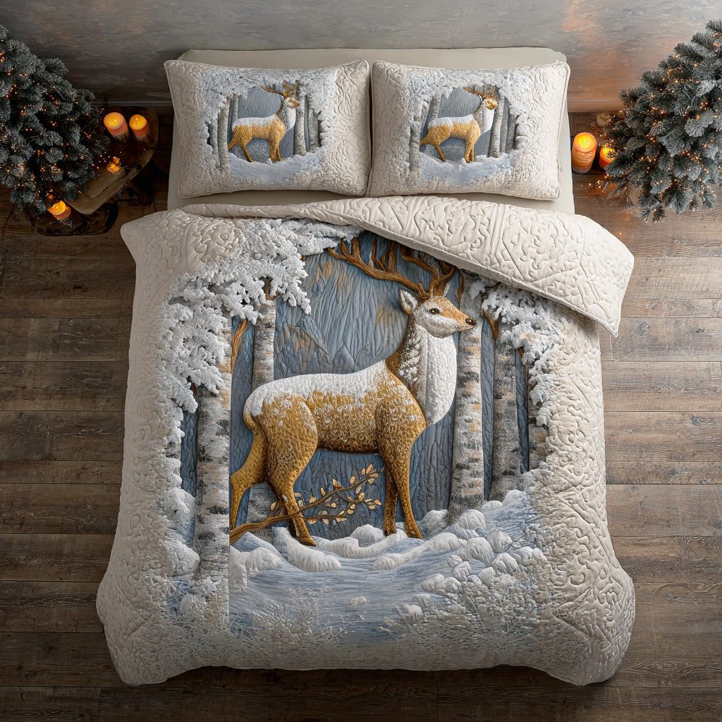 Stag Refuge quilted 3-piece bedding set on a made bed with two matching pillow shams
