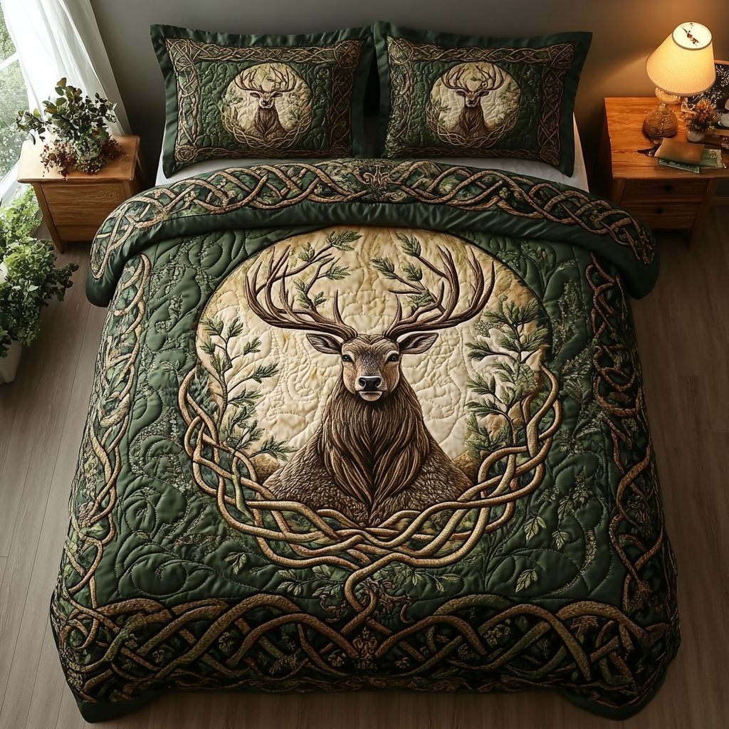 Stag Serenity quilted 3-piece bedding set on a made bed with two matching pillow shams