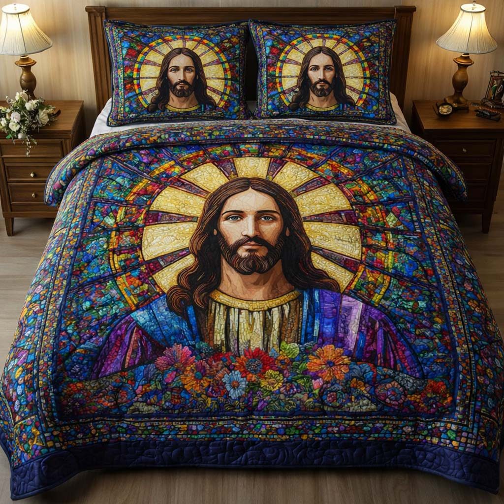 Stained Grace quilted 3-piece bedding set on a made bed with two matching pillow shams