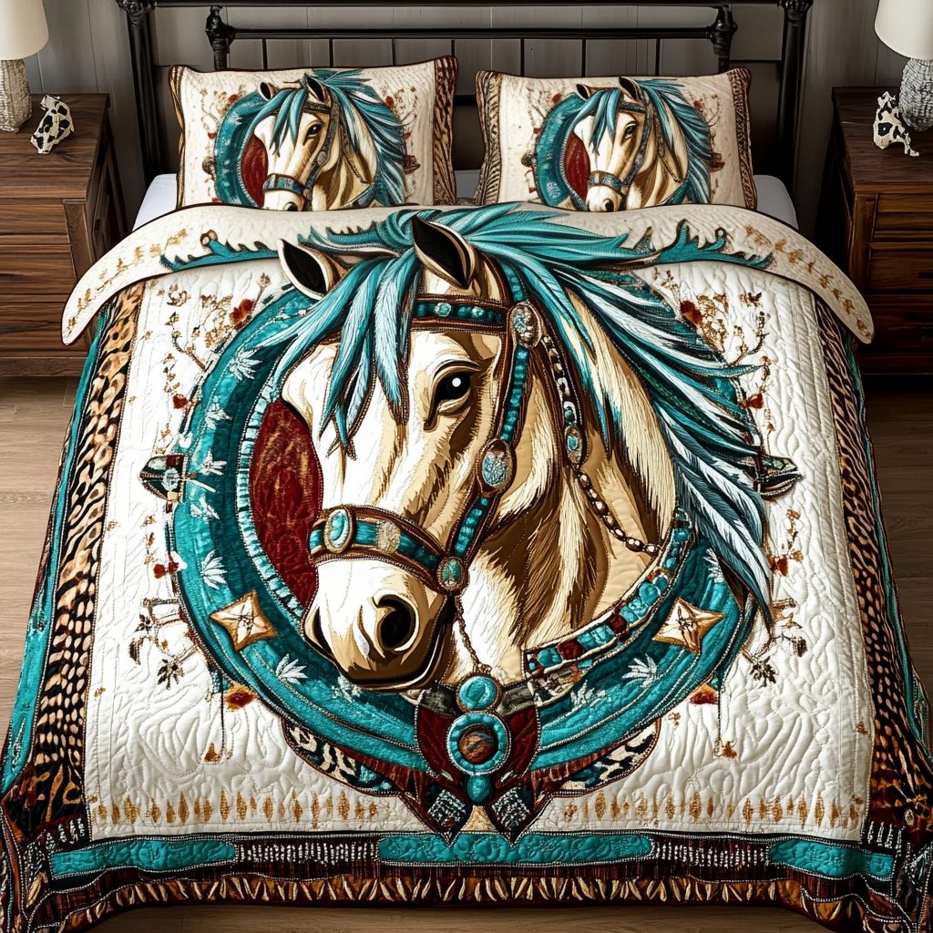 Stallion Dream quilted 3-piece bedding set on a made bed in a rustic timber bedroom