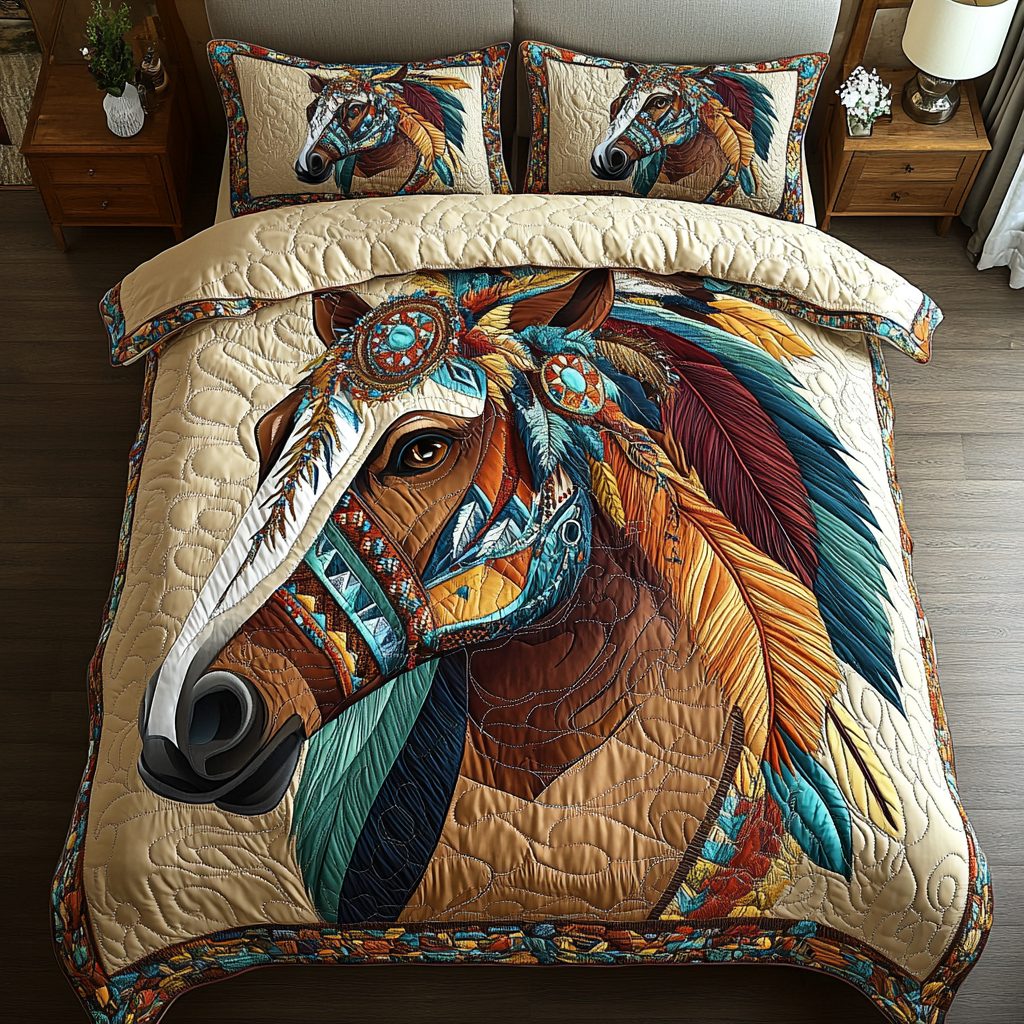 Stallion Dreams quilted 3-piece bedding set on a made bed in a rustic timber bedroom