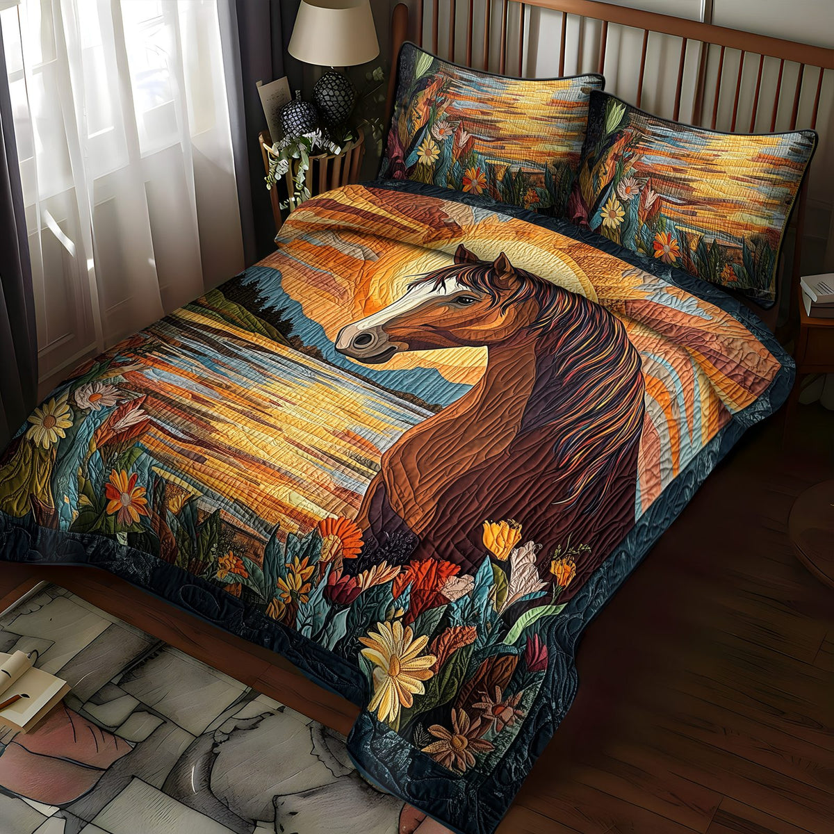 Stallion Grace quilted 3-piece bedding set on a made bed in a rustic timber bedroom