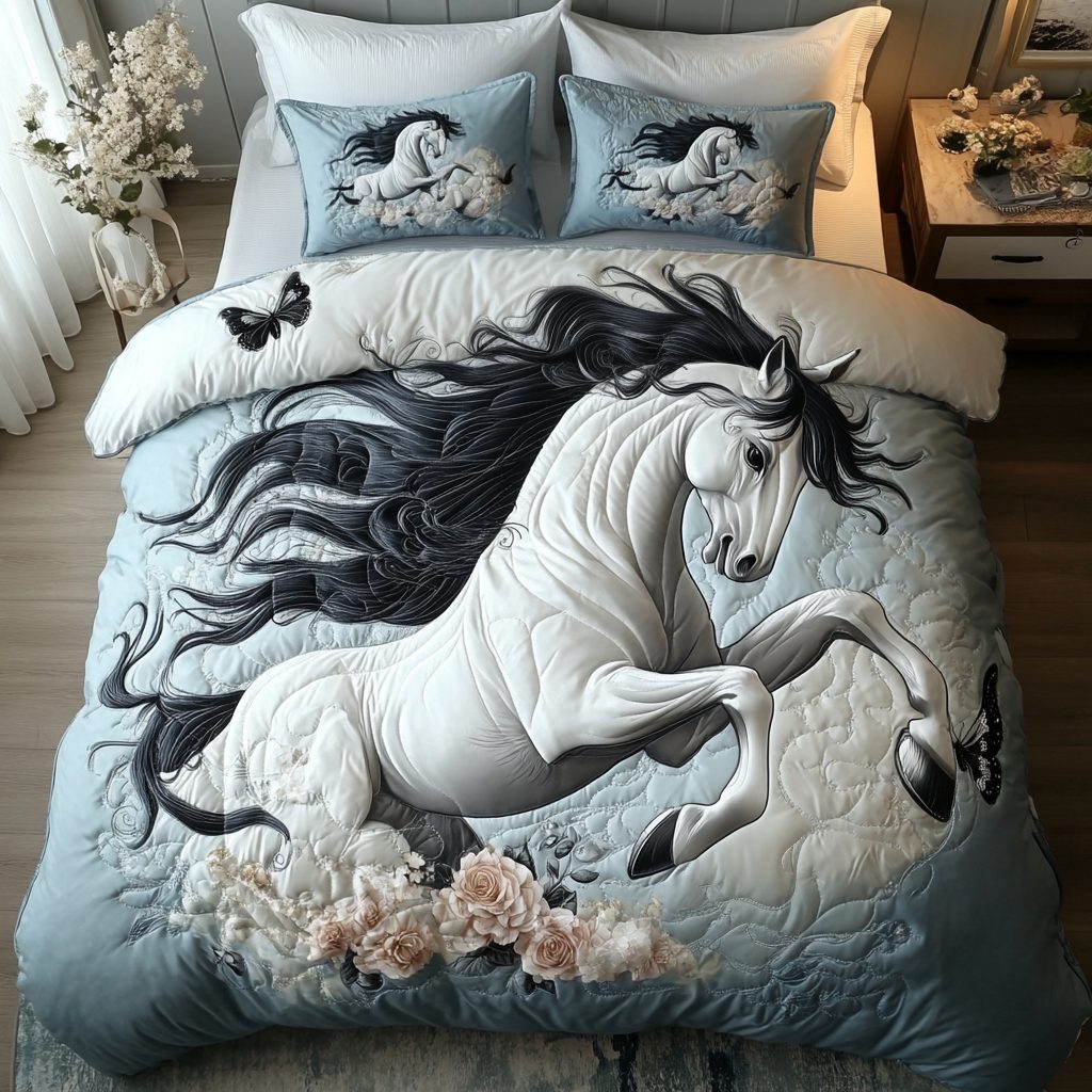 Stallion Serenity quilted 3-piece bedding set on a made bed in a rustic timber bedroom