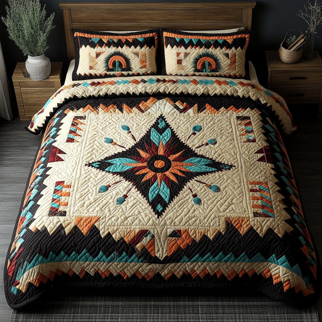 Stallion Starburst quilted 3-piece bedding set on a made bed in a rustic timber bedroom