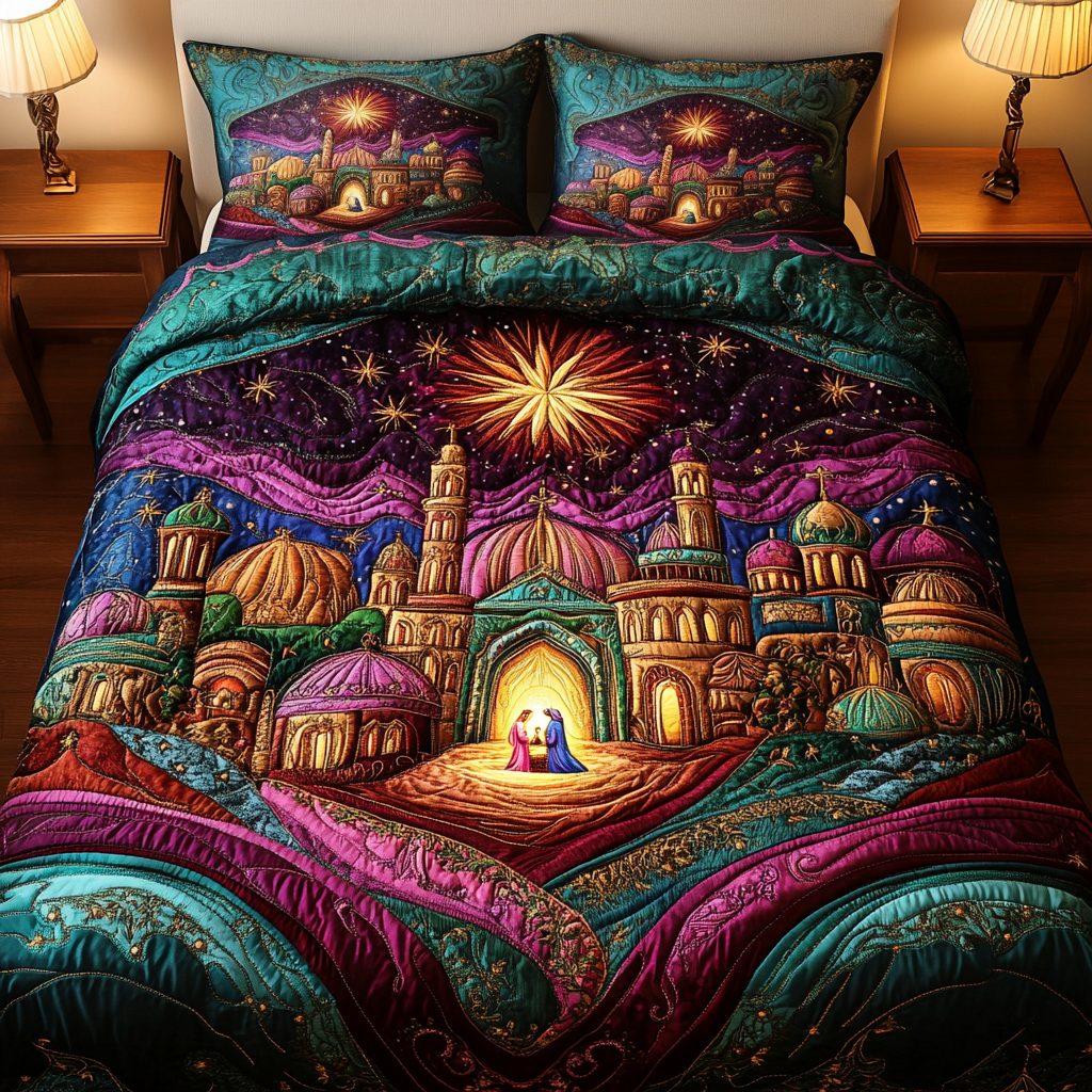 Star of Bethlehem quilted 3-piece bedding set on a made bed with two matching pillow shams