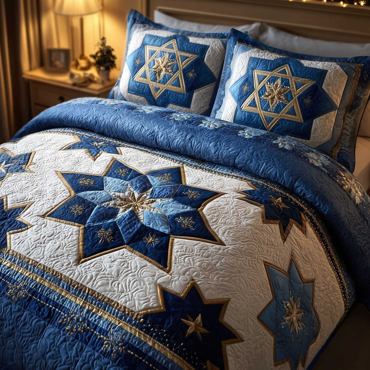 Star of David quilted 3-piece bedding set on a made bed with two matching pillow shams