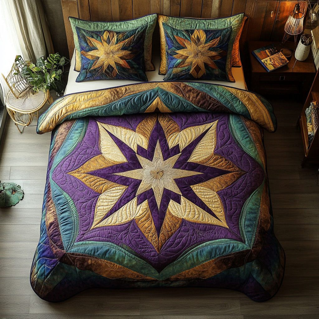 Star of Rebirth quilted 3-piece bedding set on a made bed with two matching pillow shams