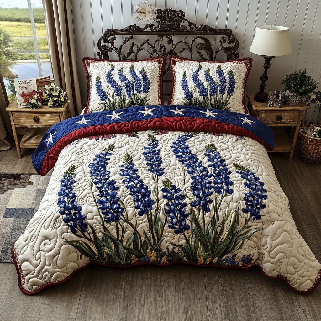 Star of Texas quilted 3-piece bedding set on a made bed in a rustic timber bedroom