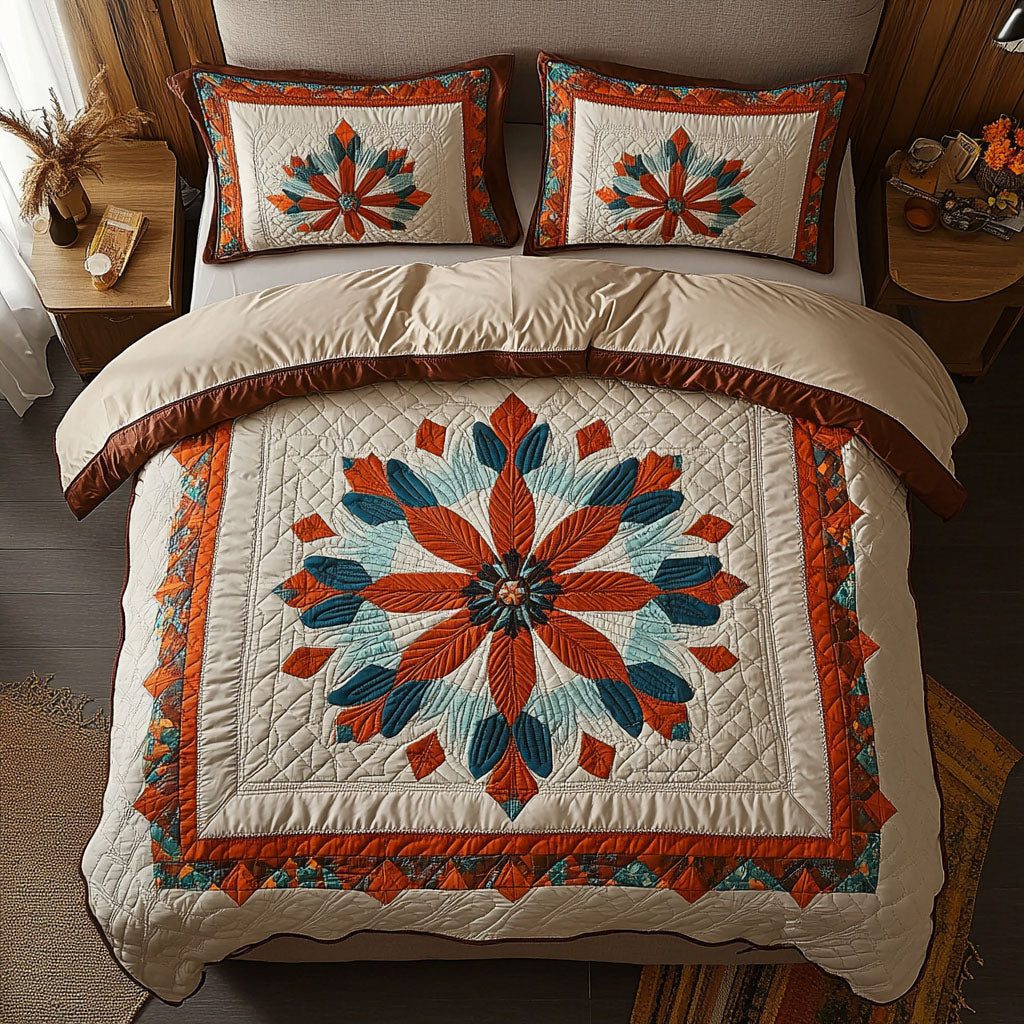 Star of the Earth quilted 3-piece bedding set on a made bed with two matching pillow shams