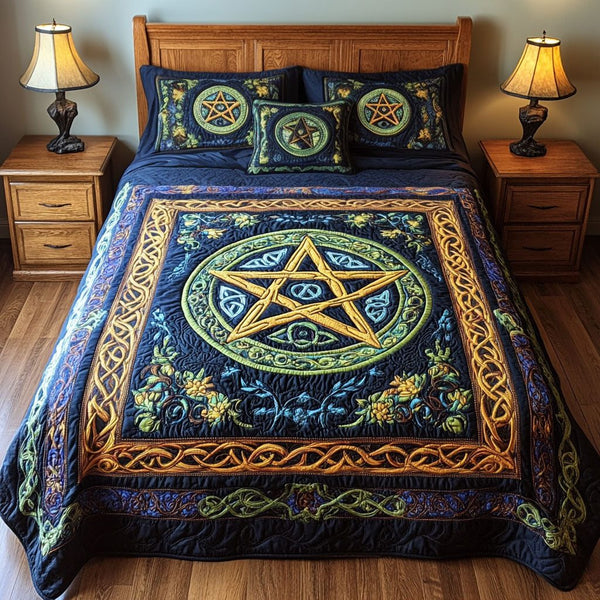 Star of the Elements quilted 3-piece bedding set on a made bed with two matching pillow shams