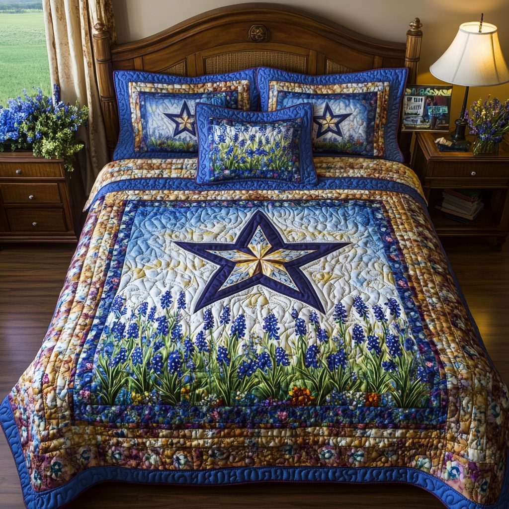 Star of the West quilted 3-piece bedding set on a made bed with two matching pillow shams