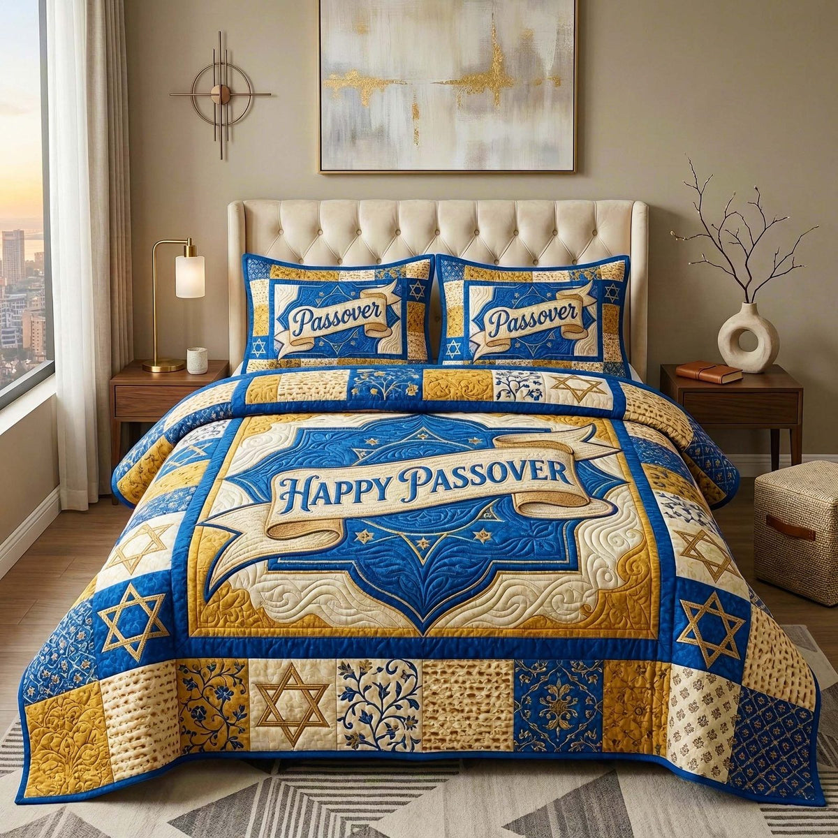 Star Passover quilted 3-piece bedding set on a made bed with two matching pillow shams