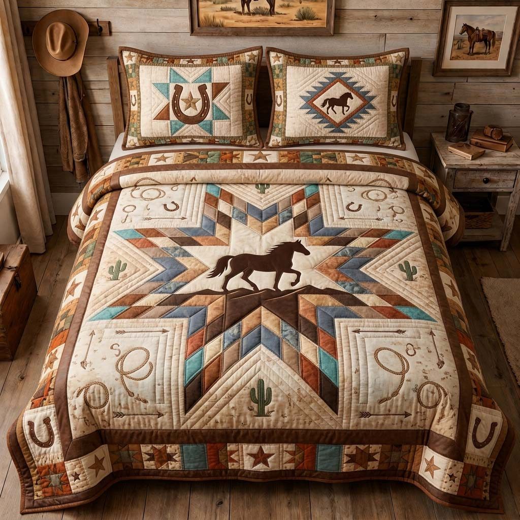 Star Runner Horse quilted 3-piece bedding set on a made bed in a rustic timber bedroom