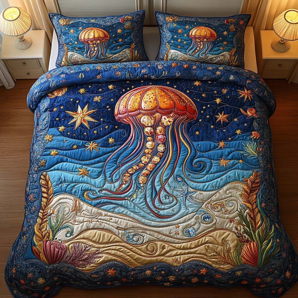 Star Sea quilted 3-piece bedding set on a made bed in a light coastal bedroom