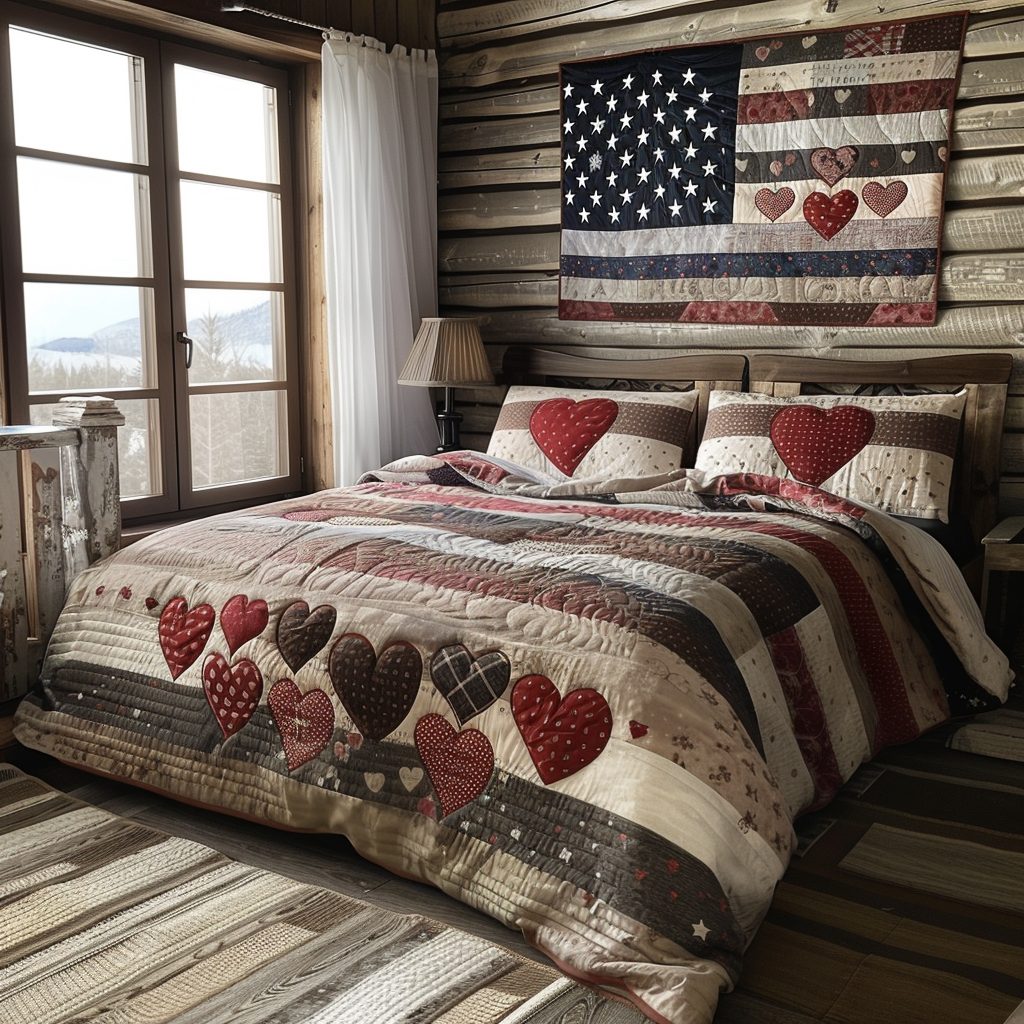 Star Spangled Heart quilted 3-piece bedding set on a made bed in a warmly lit bedroom