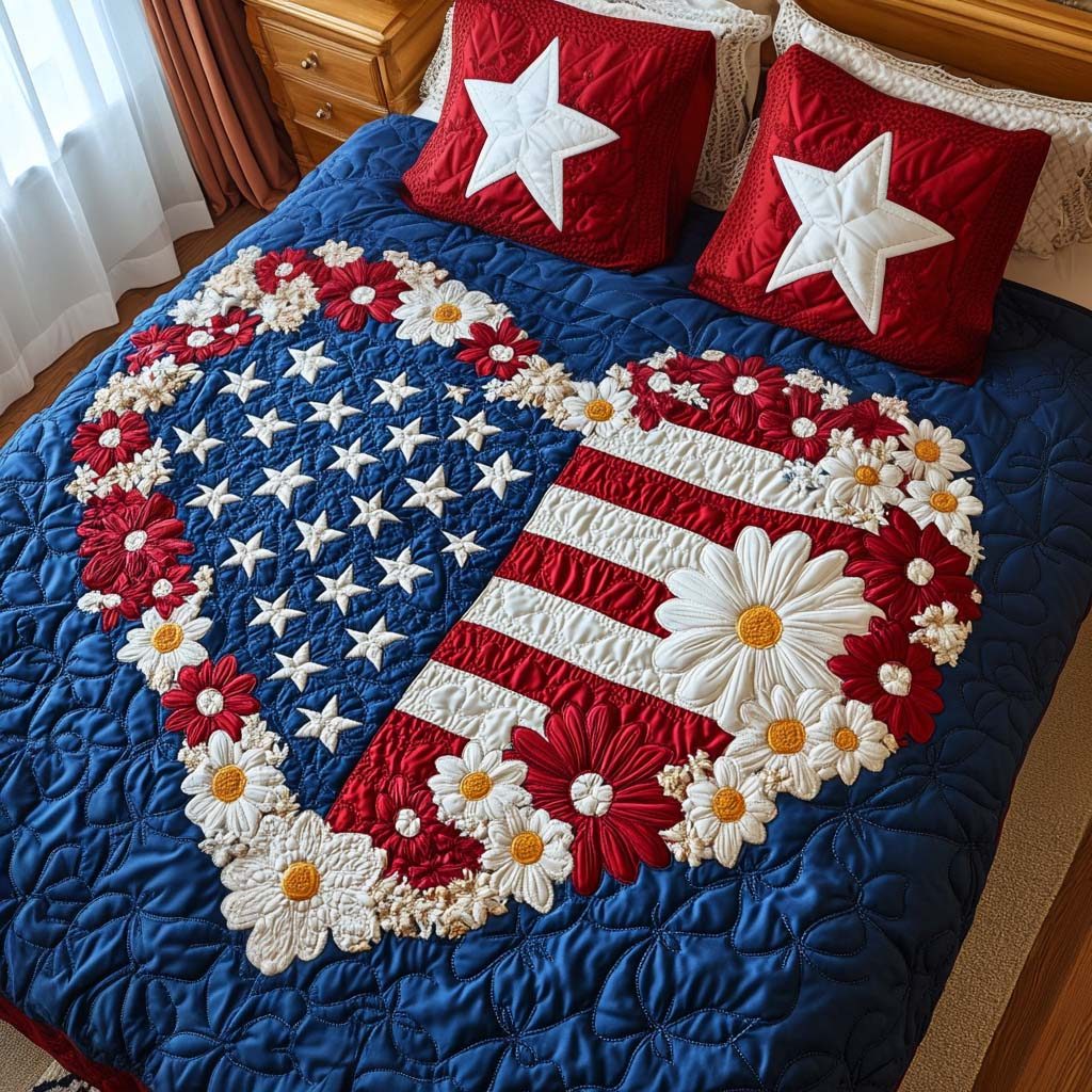 Star Spangled Heart quilted 3-piece bedding set on a made bed in a warmly lit bedroom