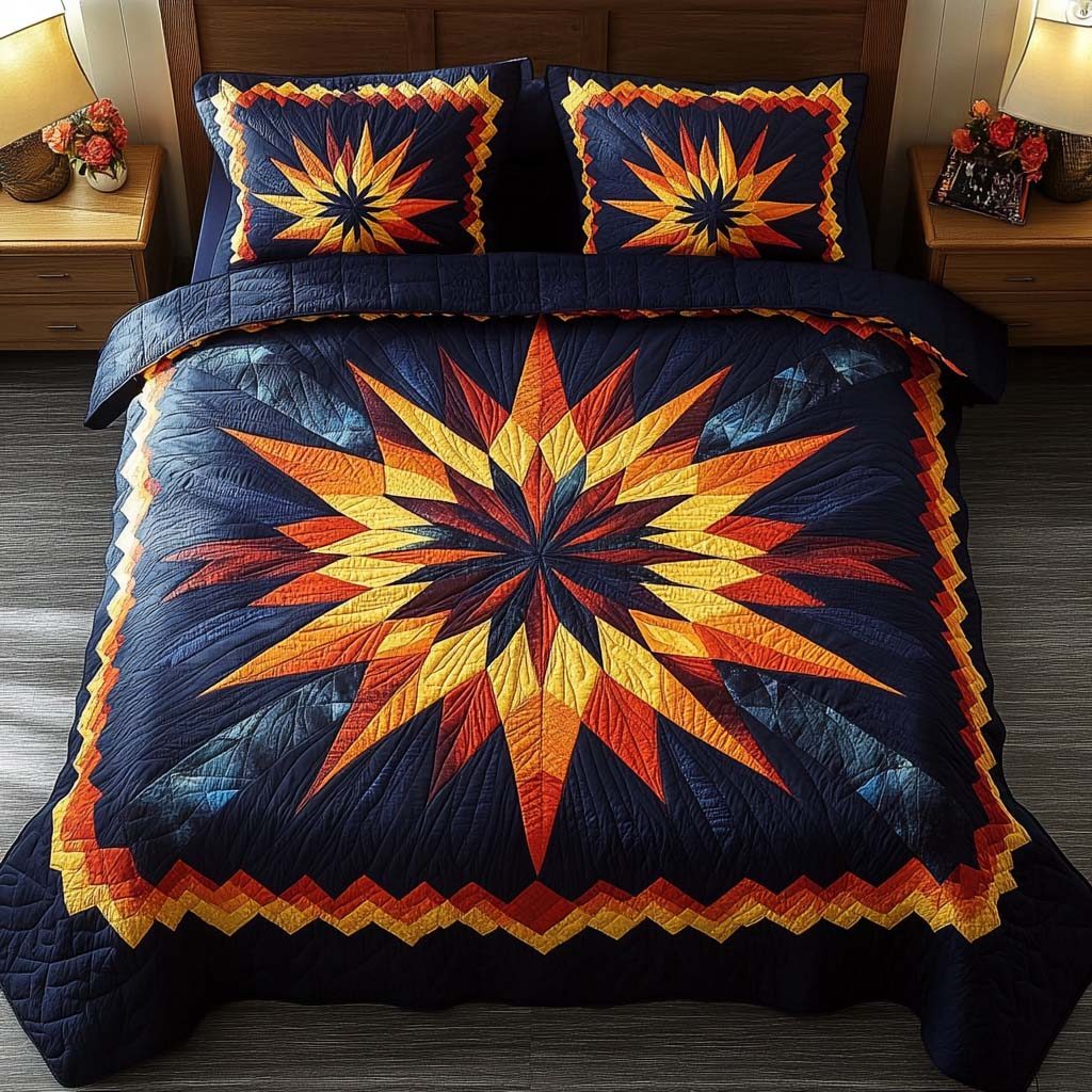 Starborn Spirit quilted 3-piece bedding set on a made bed with two matching pillow shams