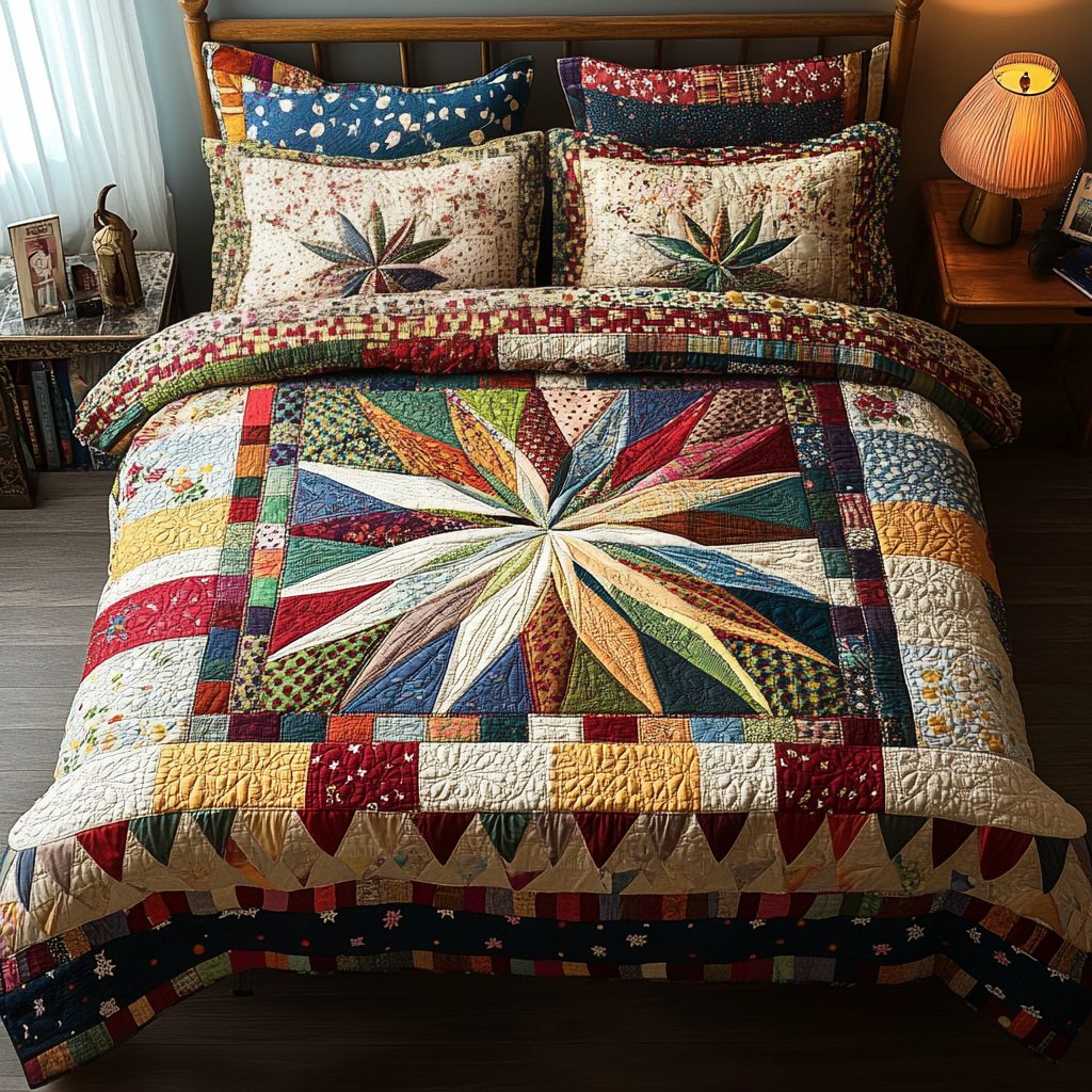 Starburst Bliss quilted 3-piece bedding set on a made bed with two matching pillow shams