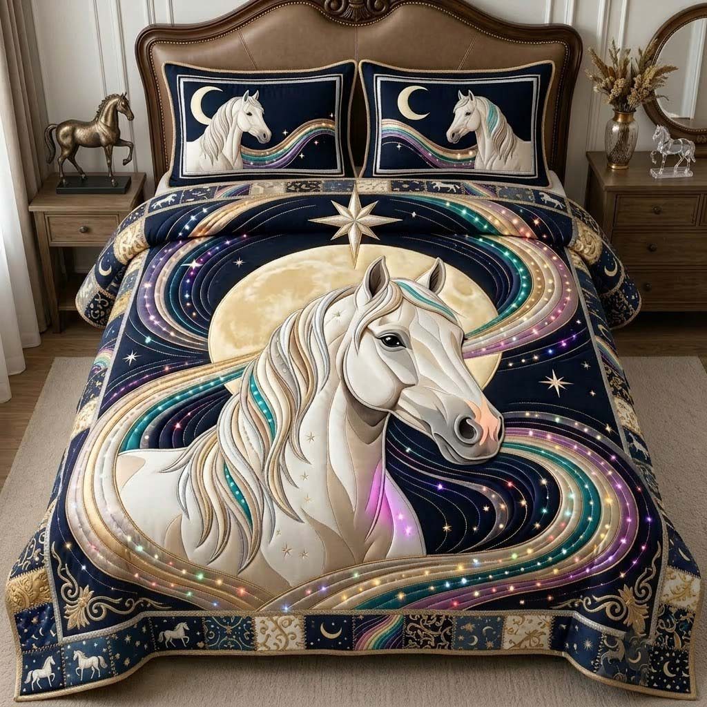 Stardust Moon Horse quilted 3-piece bedding set on a made bed in a rustic timber bedroom