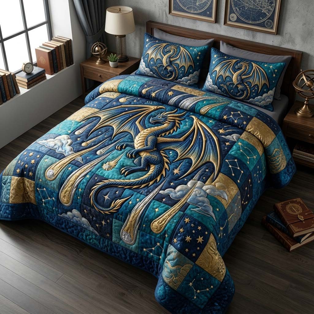 Starfire Dragon quilted 3-piece bedding set on a made bed with two matching pillow shams