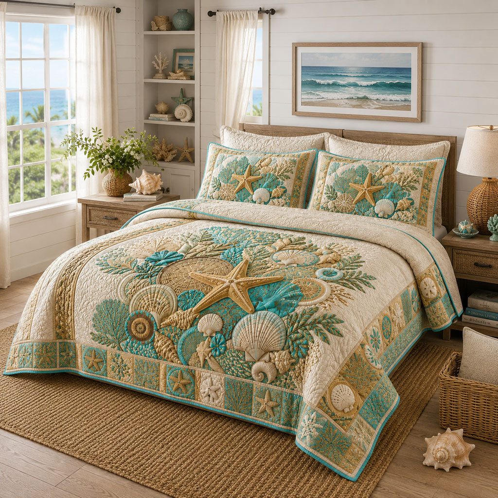 Starfish Sanctuary quilted 3-piece bedding set on a made bed in a light coastal bedroom