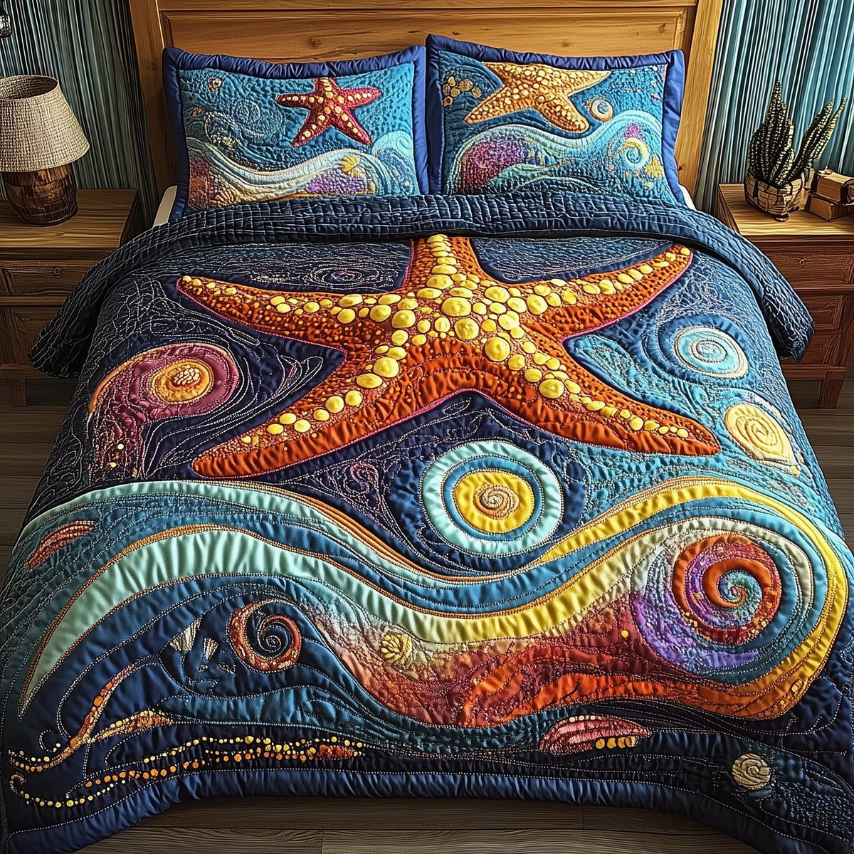 Starfish Serenade quilted 3-piece bedding set on a made bed in a light coastal bedroom