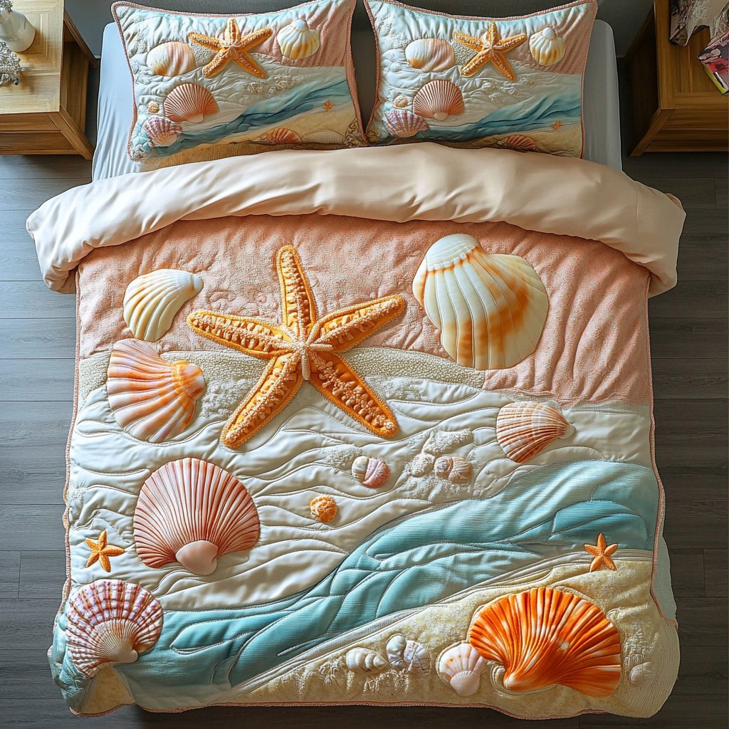 Starfish Serenity quilted 3-piece bedding set on a made bed in a light coastal bedroom