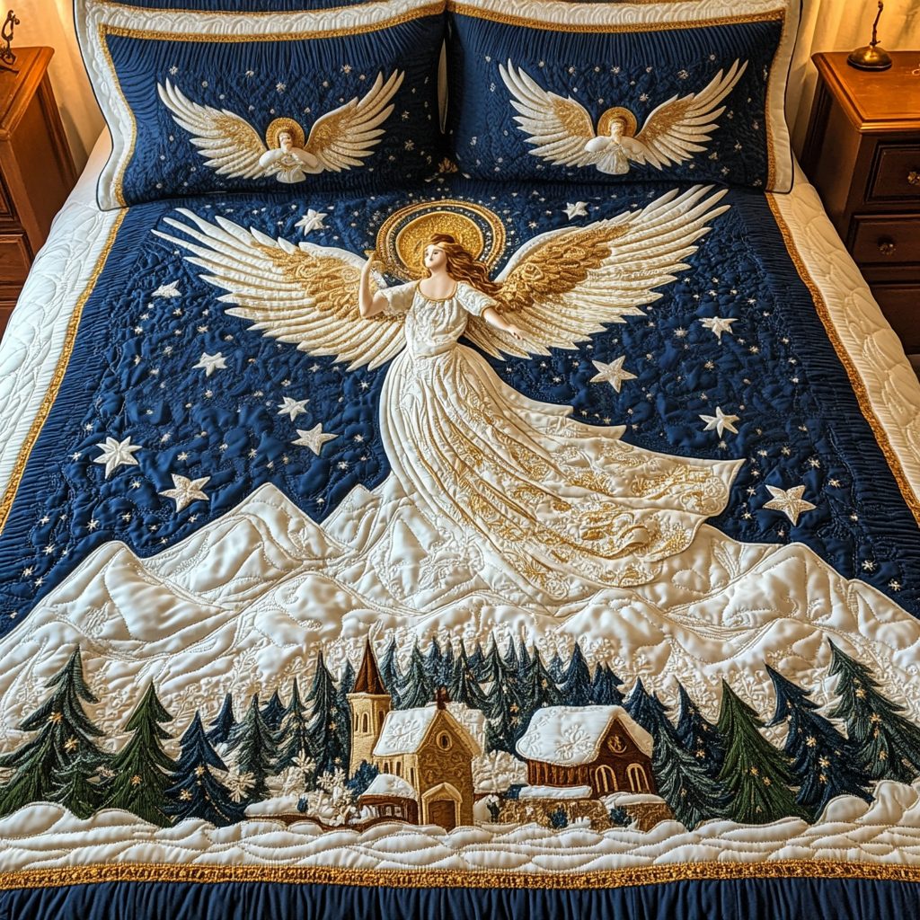 Starlight Angel quilted 3-piece bedding set on a made bed in a softly lit bedroom