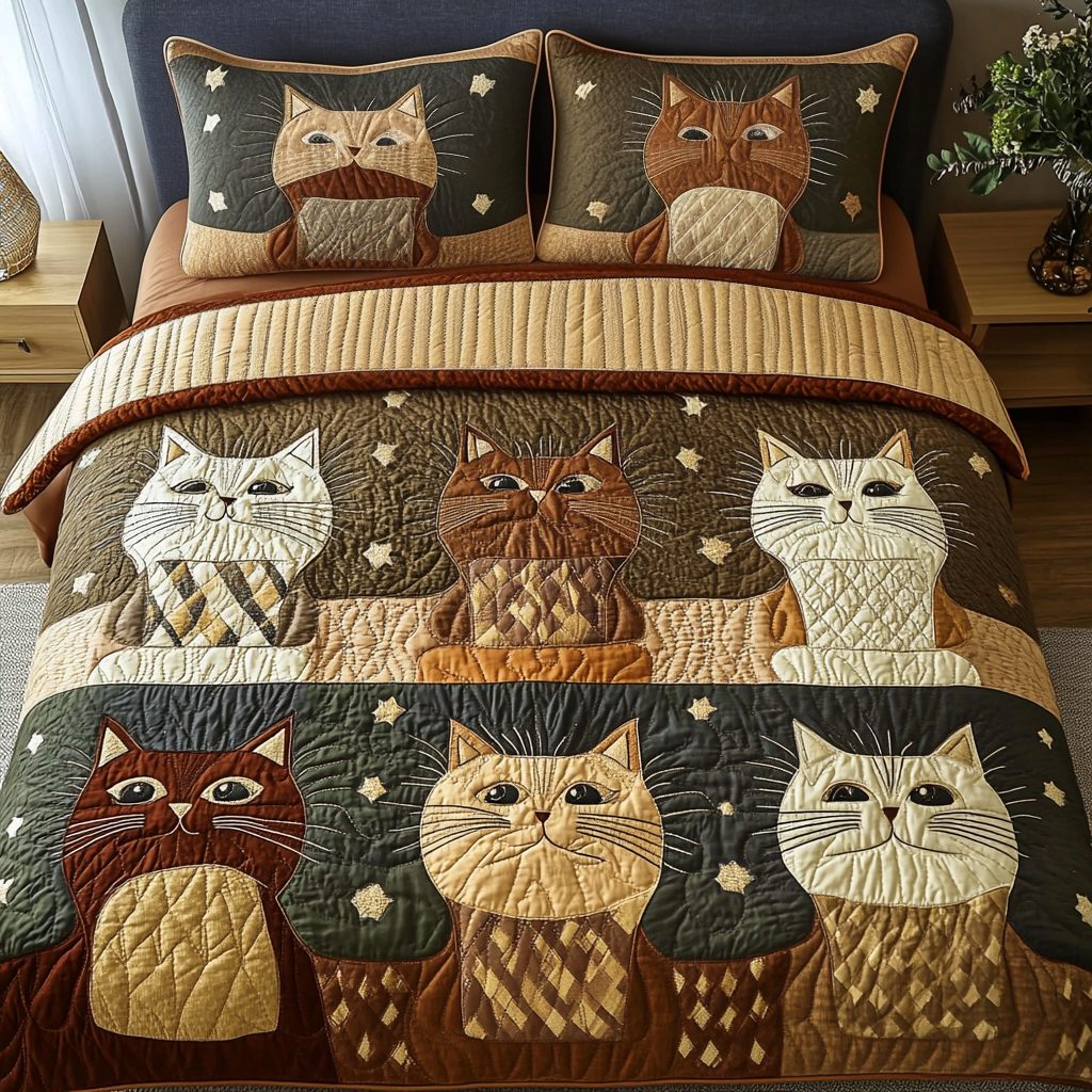 Starlight Cat Tales quilted 3-piece bedding set on a made bed with two matching pillow shams